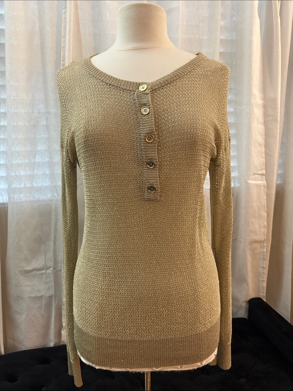 Michael Kors Metallic Gold Knit Button-Front Slim Fit Sweater